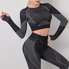 Seamless Striped Yoga Set Women Gym Clothes Long Sleeve Crop Top Leggings Sports Tracksuit Workout Training Fitness 2 Piece Set | Vimost Shop.