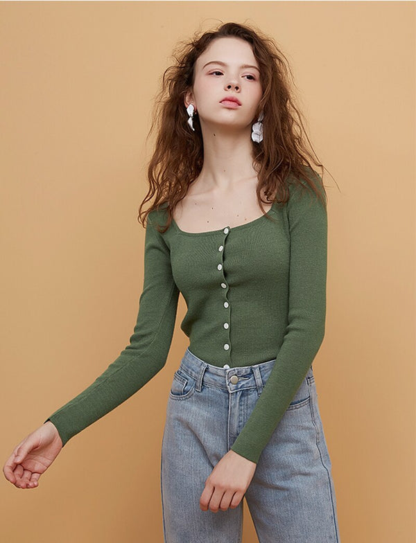 Square Collar Women Green Blouse Shirt Female Elegant  Spring Autumn Sexy Long  Sleeve Tops Ladies Casual Blouses