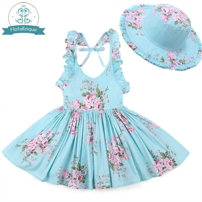 Baby Girls Dress with Hat Brand Toddler Summer Kids Beach Floral Print Ruffle Princess Party Clothes 1-8Y | Vimost Shop.