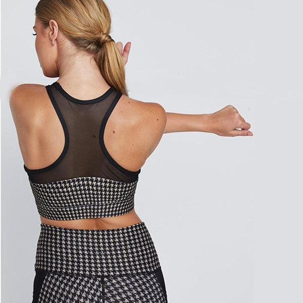 Sportswear Seamless Plaid Yoga Suit Women Gym Clothes Sheer Mesh Patchwork Crop Top Leggings Tracksuit Workout Fitness Suit | Vimost Shop.