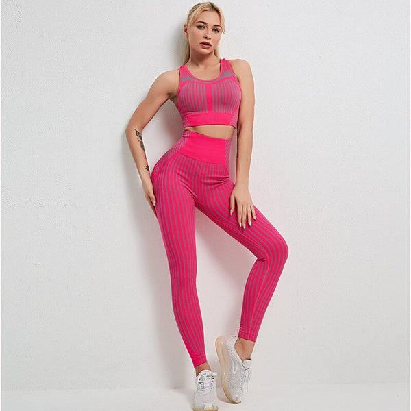 Seamless Striped Sports Yoga Set Gym Fitness Tracksuit Fashion Bra Top Leggings Suit Jogging Push Up Workout Training Clothing | Vimost Shop.