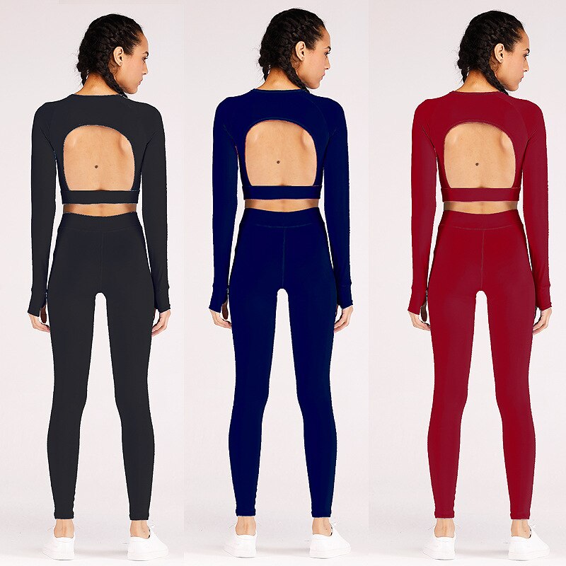 Women Solid Yoga Set Gym Sports Fitness Tracksuit Long Sleeve Top Leggings Two Piece Set Running Training Workout Push Up Sporty | Vimost Shop.