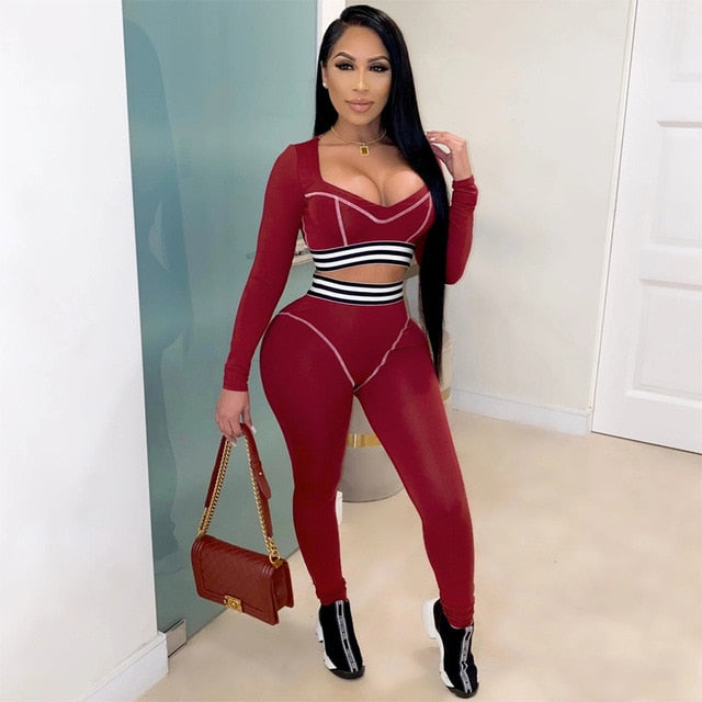 Striped Patchwork Sportswear Yoga Set Autumn Workout Gym Fitness Tracksuit Long Sleeve Crop Top High Elastics Leggings 2 PCS | Vimost Shop.