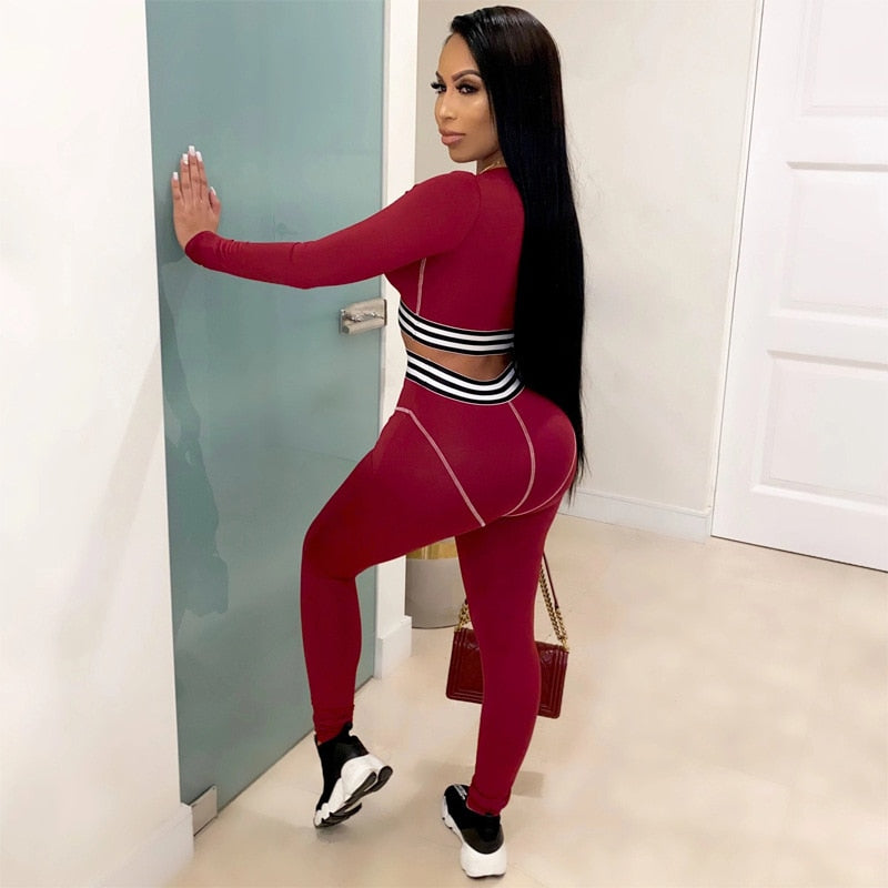 Striped Patchwork Sportswear Yoga Set Autumn Workout Gym Fitness Tracksuit Long Sleeve Crop Top High Elastics Leggings 2 PCS | Vimost Shop.