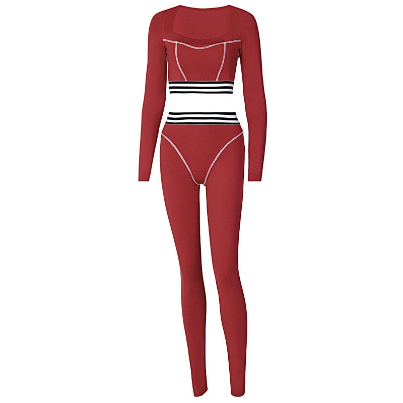 Striped Patchwork Sportswear Yoga Set Autumn Workout Gym Fitness Tracksuit Long Sleeve Crop Top High Elastics Leggings 2 PCS | Vimost Shop.