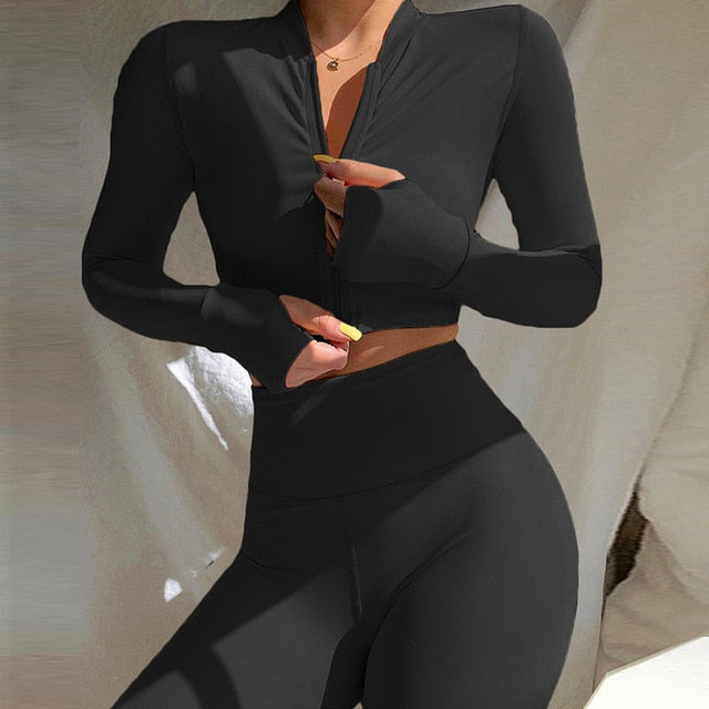 Autumn Seamless Solid Yoga Set Fashion Long Sleeve Crop Top Leggings Two Piece Set Casual Running Gym Fitness Workout Outfits | Vimost Shop.