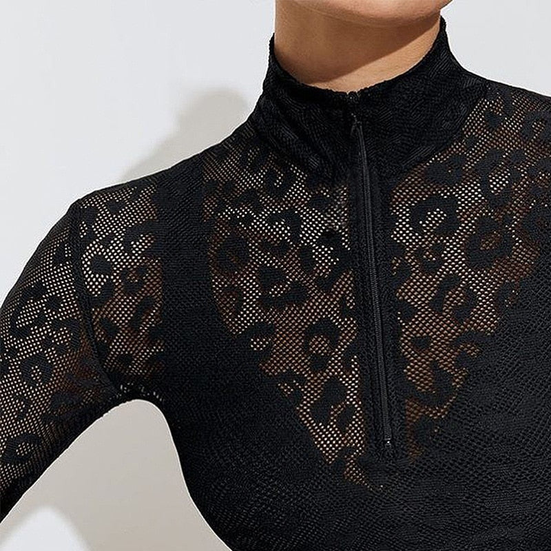 Women Leopard Lace Patchwork Yoga Fitnes Suit Sexy Sheer Mesh Long Sleeve Zipper Crop Top And Leggings Tracksuit Sports Outfits | Vimost Shop.