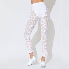 Women Leopard Lace Patchwork Yoga Fitnes Suit Sexy Sheer Mesh Long Sleeve Zipper Crop Top And Leggings Tracksuit Sports Outfits | Vimost Shop.