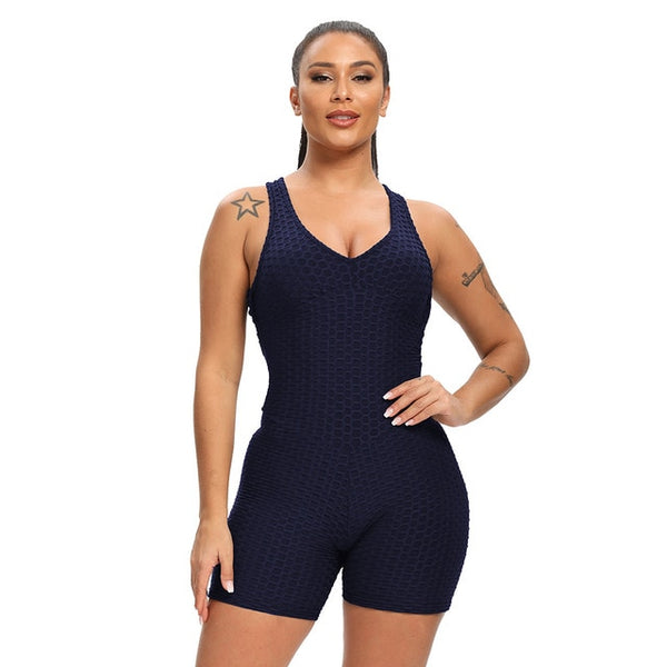 Women Solid Jacquard Yoga Jumpsuit Workout Fitness Shaping Push Up Playsuit V Neck Sleeveless Backless Top Shorts Sports Romper | Vimost Shop.