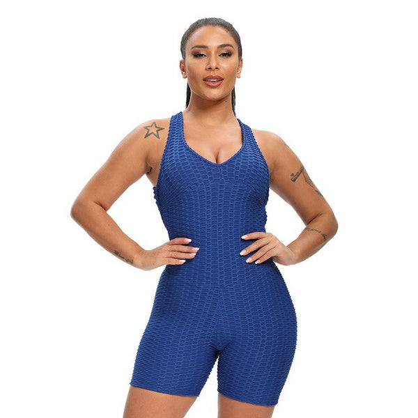 Women Solid Jacquard Yoga Jumpsuit Workout Fitness Shaping Push Up Playsuit V Neck Sleeveless Backless Top Shorts Sports Romper | Vimost Shop.