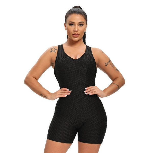 Women Solid Jacquard Yoga Jumpsuit Workout Fitness Shaping Push Up Playsuit V Neck Sleeveless Backless Top Shorts Sports Romper | Vimost Shop.