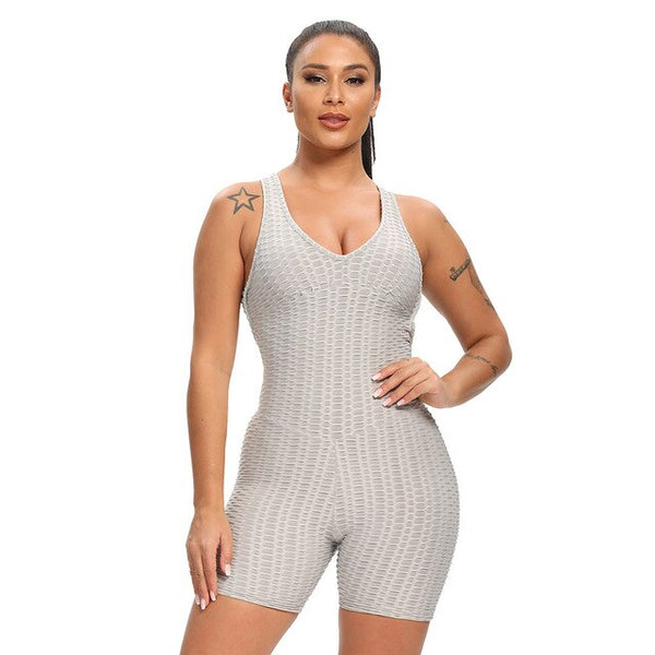 Women Solid Jacquard Yoga Jumpsuit Workout Fitness Shaping Push Up Playsuit V Neck Sleeveless Backless Top Shorts Sports Romper | Vimost Shop.