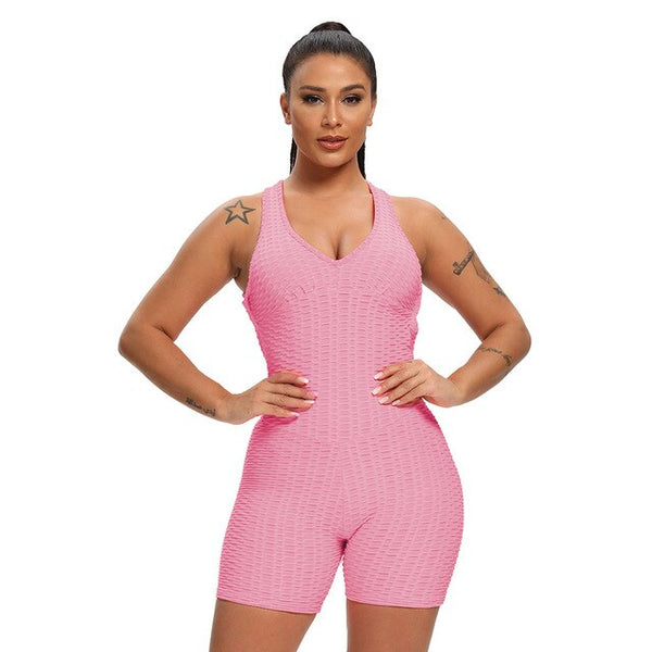 Women Solid Jacquard Yoga Jumpsuit Workout Fitness Shaping Push Up Playsuit V Neck Sleeveless Backless Top Shorts Sports Romper | Vimost Shop.