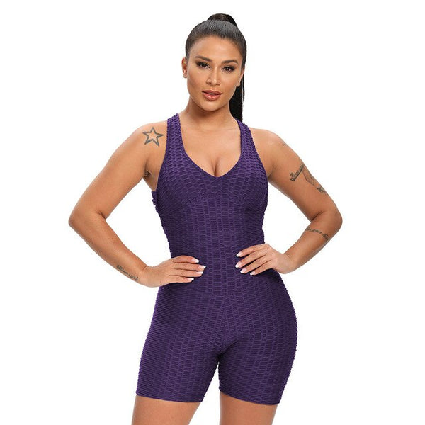 Women Solid Jacquard Yoga Jumpsuit Workout Fitness Shaping Push Up Playsuit V Neck Sleeveless Backless Top Shorts Sports Romper | Vimost Shop.