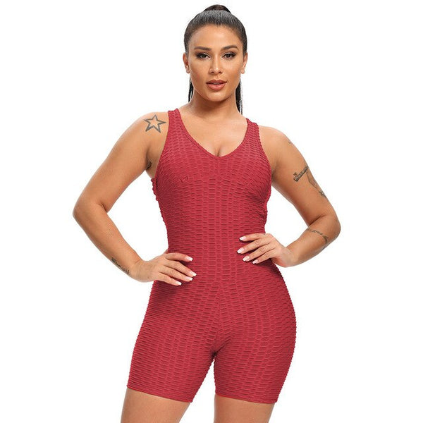 Women Solid Jacquard Yoga Jumpsuit Workout Fitness Shaping Push Up Playsuit V Neck Sleeveless Backless Top Shorts Sports Romper | Vimost Shop.