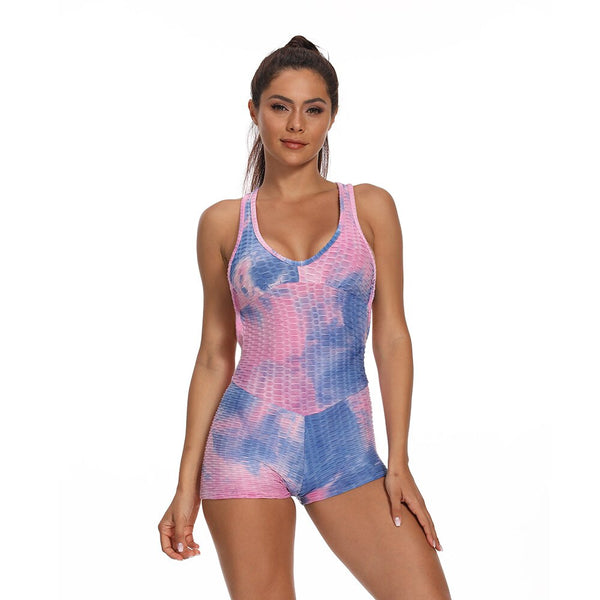 Women Tie Dye Print Jacquard Yoga Jumpsuit Workout Fitness Push Up Playsuit V Neck Sleeveless Backless Top Shorts Sports Romper | Vimost Shop.