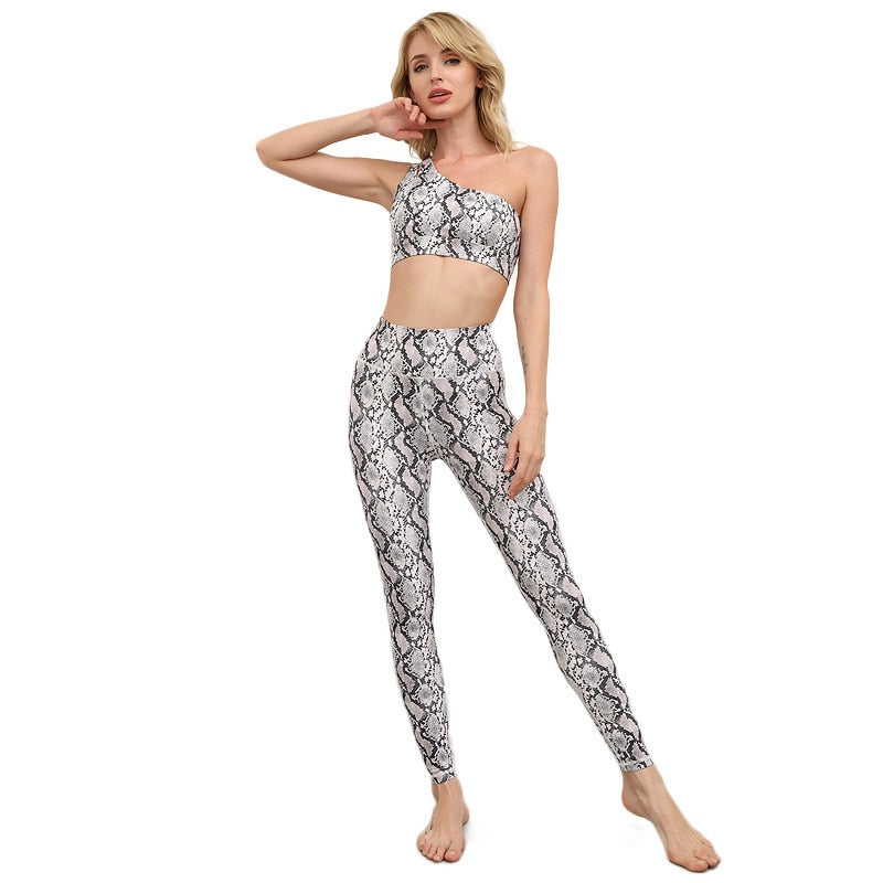Women Snakeskin Print Yoga Set Women Gym Clothes One Shoulder Crop Top And Leggings Fitness Tracksuit Workout Push Up Sport Suit | Vimost Shop.