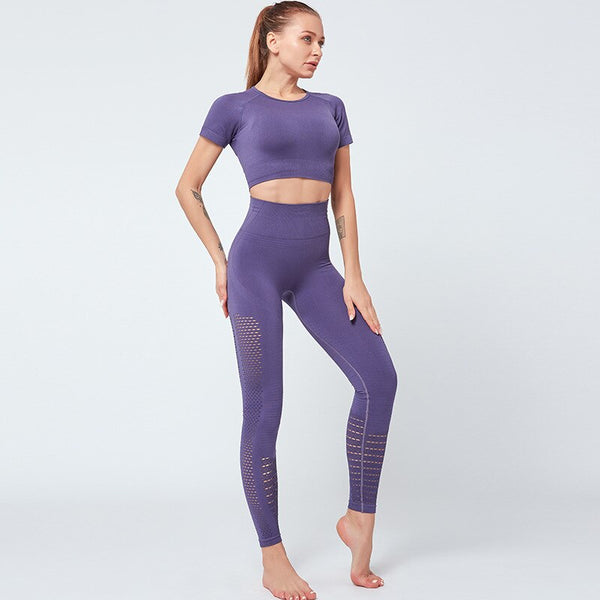 Seamless Solid Yoga Suit Women Gym Clothes Short Sleeve Crop Top Hollow Out Leggings Sport Tracksuit Fitness Workout Outdoor Set | Vimost Shop.