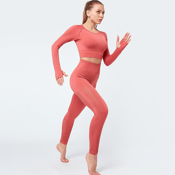 Seamless Solid Yoga Suit Women Gym Clothes Long Sleeve Crop Top Hollow Out Leggings Sports Tracksuit Fitness Workout Outdoor Set | Vimost Shop.