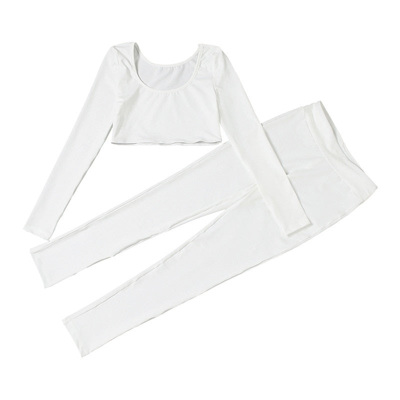 Solid Seamless Yoga Gym Suit Fashion Long Sleeve Crop Top Leggings Two Piece Set Fitness Push Up Running Sports Dance Clothing | Vimost Shop.