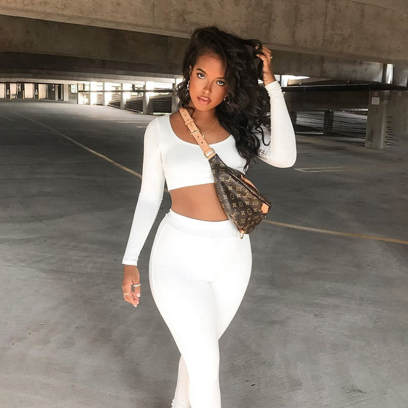 Solid Seamless Yoga Gym Suit Fashion Long Sleeve Crop Top Leggings Two Piece Set Fitness Push Up Running Sports Dance Clothing | Vimost Shop.