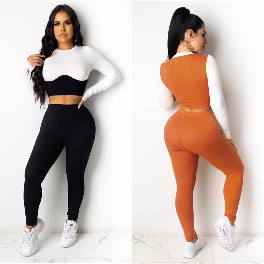 Seamless Yoga Suit Tracksuit For Women Color Patchwork Long Sleeve Crop Top Pencil Pants Two Piece Set Sports Outdoor Casual Set | Vimost Shop.