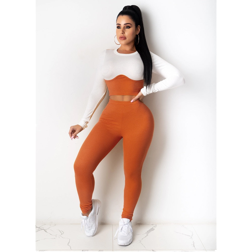 Seamless Yoga Suit Tracksuit For Women Color Patchwork Long Sleeve Crop Top Pencil Pants Two Piece Set Sports Outdoor Casual Set | Vimost Shop.