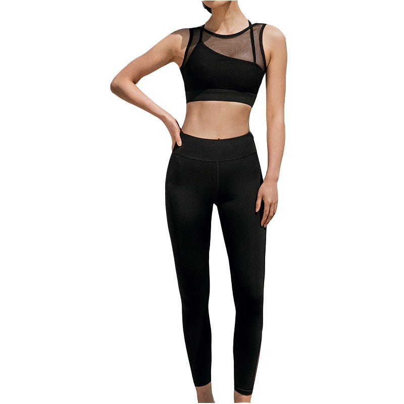 Seamless Gym Yoga Suit Fashion Sheer Mesh Patchwork Top Leggings Fitness Push Up Running Sports Dance Training Two Piece Set | Vimost Shop.