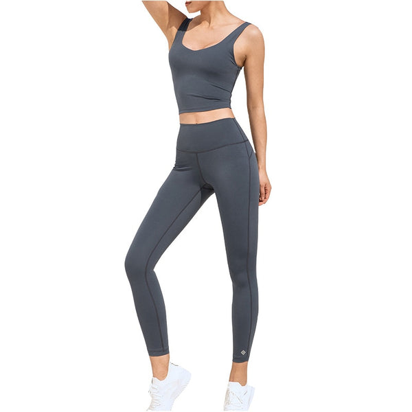 Solid Seamless Yoga Gym Suit Fashion Tank Crop Top Leggings Sports Fitness Push Up Running Sports Running Gym Two Piece Set | Vimost Shop.