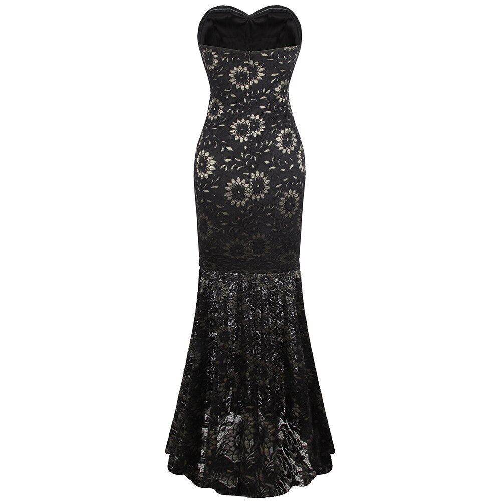 Strapless Floral Lace See Through Mermaid Formal Long Evening Dresses Black | Vimost Shop.