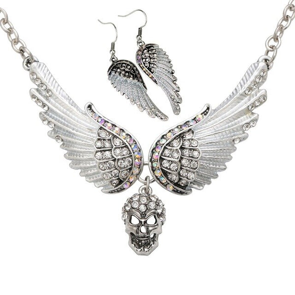 Angel Wings Skull Choker Necklace Guardian Earrings Sets Goth Jewelry Gift for Women Silver Color NENC07 Dropshipping | Vimost Shop.