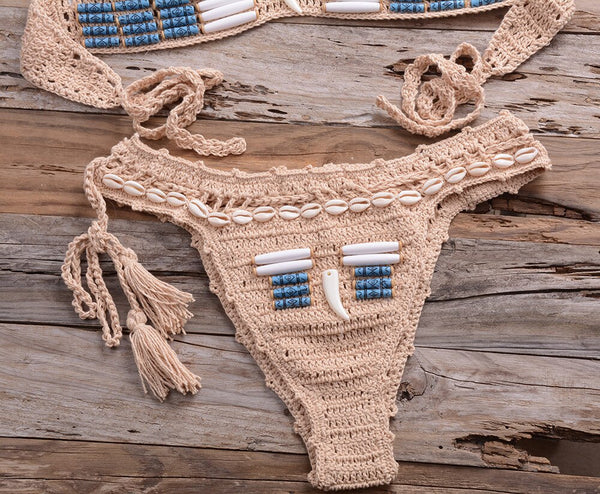 Sexy Bikini Crochet shell Set Halter Lace Up Bra Top Thong Swimsuit Beach Lady Knitted Biquini Swimming Bohemian Bathing Suit | Vimost Shop.