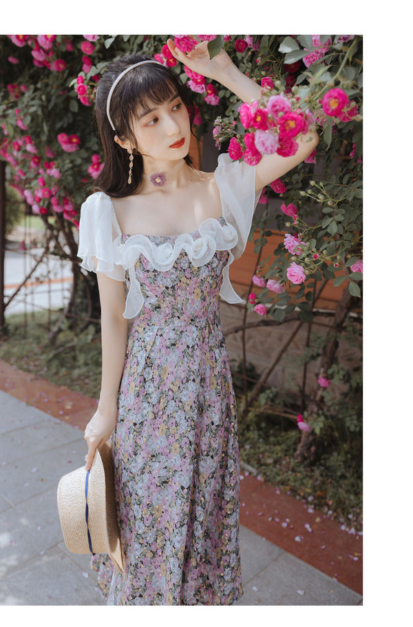 Print Lace Ruffles Ruched floral fairy dress French retro girl gentle wind super fairy long summer DRESS Female | Vimost Shop.