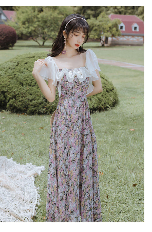 Print Lace Ruffles Ruched floral fairy dress French retro girl gentle wind super fairy long summer DRESS Female | Vimost Shop.