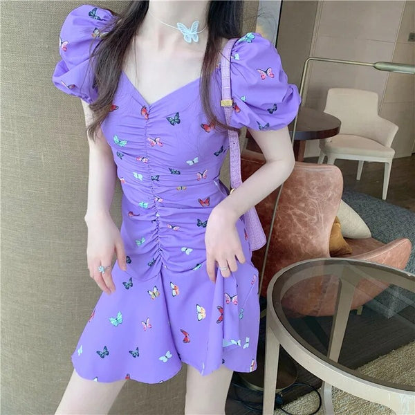 New purple butterfly print dress female V-neck pleated bubble short sleeve waist slimming DRESS  summer Female | Vimost Shop.