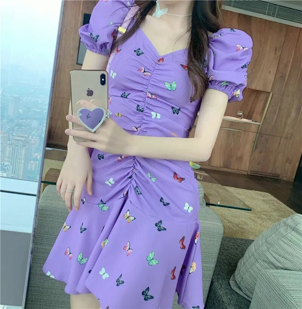 New purple butterfly print dress female V-neck pleated bubble short sleeve waist slimming DRESS  summer Female | Vimost Shop.