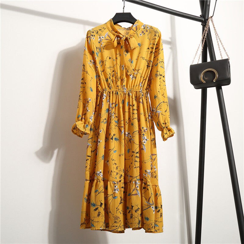 A-line Women Full Sleeve Flower Plaid Print Dresses Slim Feminino High Elastic Waist Corduroy Vintage Dress | Vimost Shop.