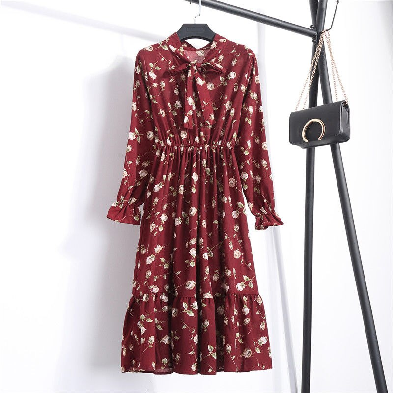 A-line Women Full Sleeve Flower Plaid Print Dresses Slim Feminino High Elastic Waist Corduroy Vintage Dress | Vimost Shop.