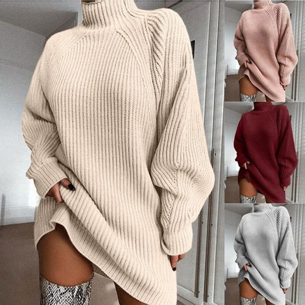Turtleneck Long Sleeve Sweater Dress Women Autumn Winter Loose Tunic Knitted Casual Pink Gray Clothes Solid Dresses | Vimost Shop.