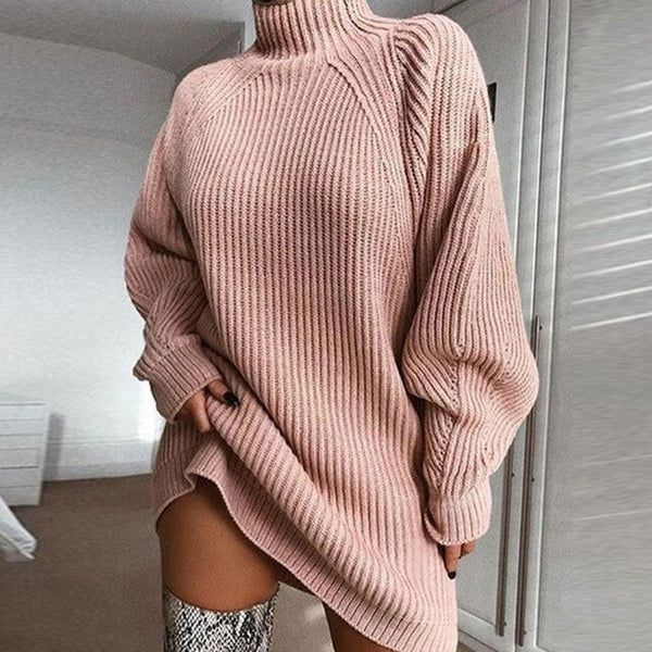 Turtleneck Long Sleeve Sweater Dress Women Autumn Winter Loose Tunic Knitted Casual Pink Gray Clothes Solid Dresses | Vimost Shop.