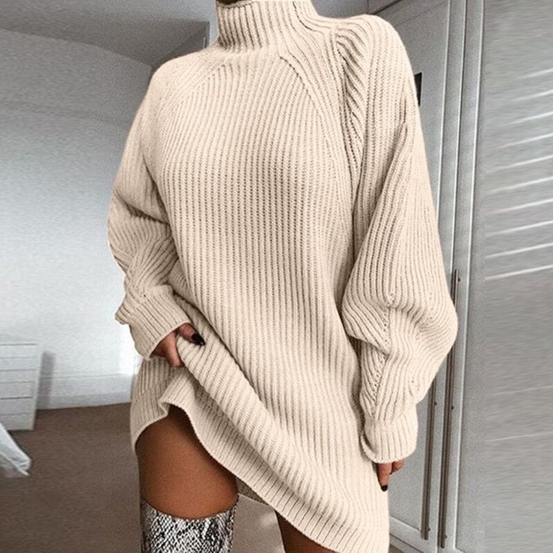 Turtleneck Long Sleeve Sweater Dress Women Autumn Winter Loose Tunic Knitted Casual Pink Gray Clothes Solid Dresses | Vimost Shop.