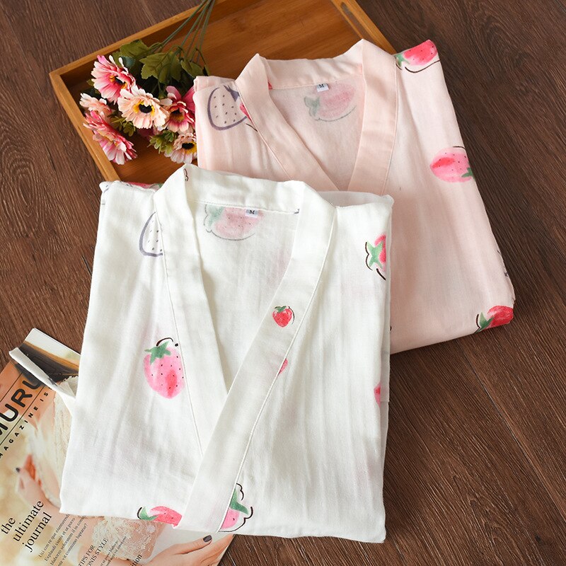 Ladies cotton pajamas set spring summer autumn double layer cotton gauze middle-sleeved trousers kimono home service suit thin | Vimost Shop.