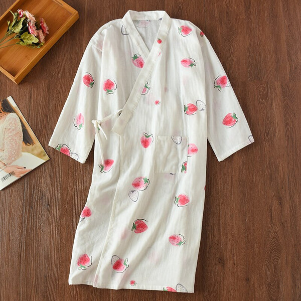 Ladies cotton pajamas set spring summer autumn double layer cotton gauze middle-sleeved trousers kimono home service suit thin | Vimost Shop.