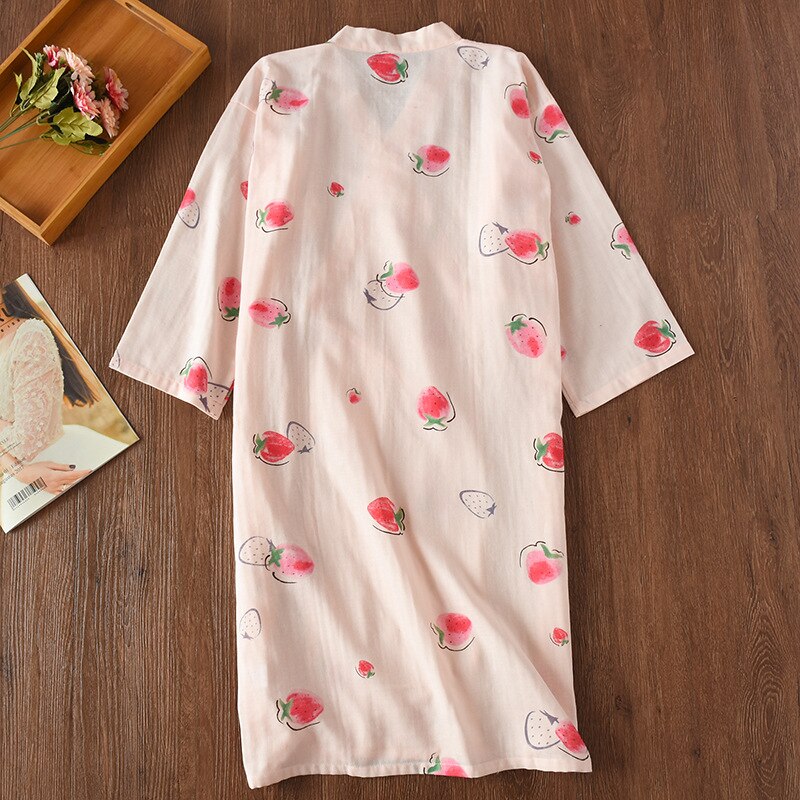 Ladies cotton pajamas set spring summer autumn double layer cotton gauze middle-sleeved trousers kimono home service suit thin | Vimost Shop.