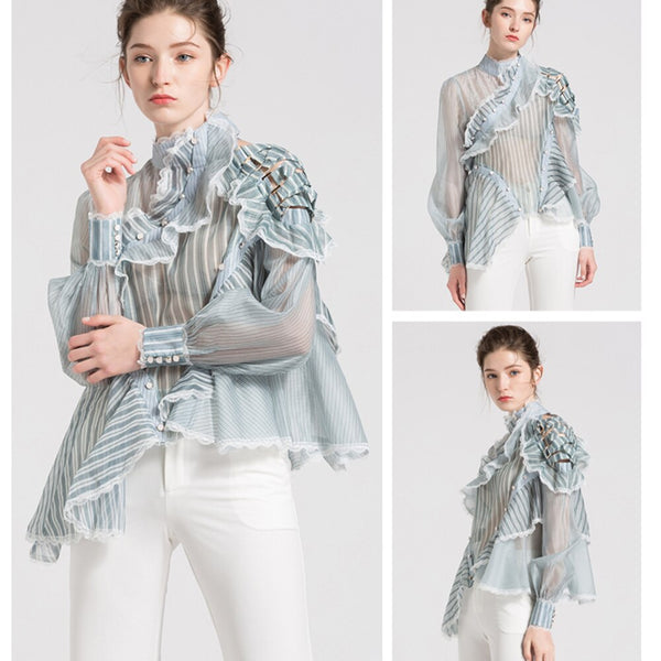 Fruncido de Organza volantes blusas azules botones camisa fina de rayas asimétricas para mujeres primavera moda | Vimost Shop.