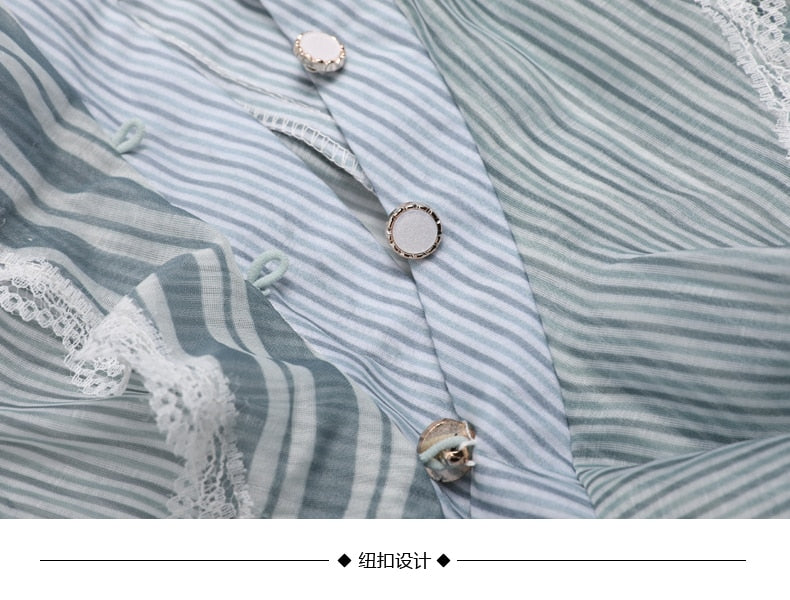 Fruncido de Organza volantes blusas azules botones camisa fina de rayas asimétricas para mujeres primavera moda | Vimost Shop.