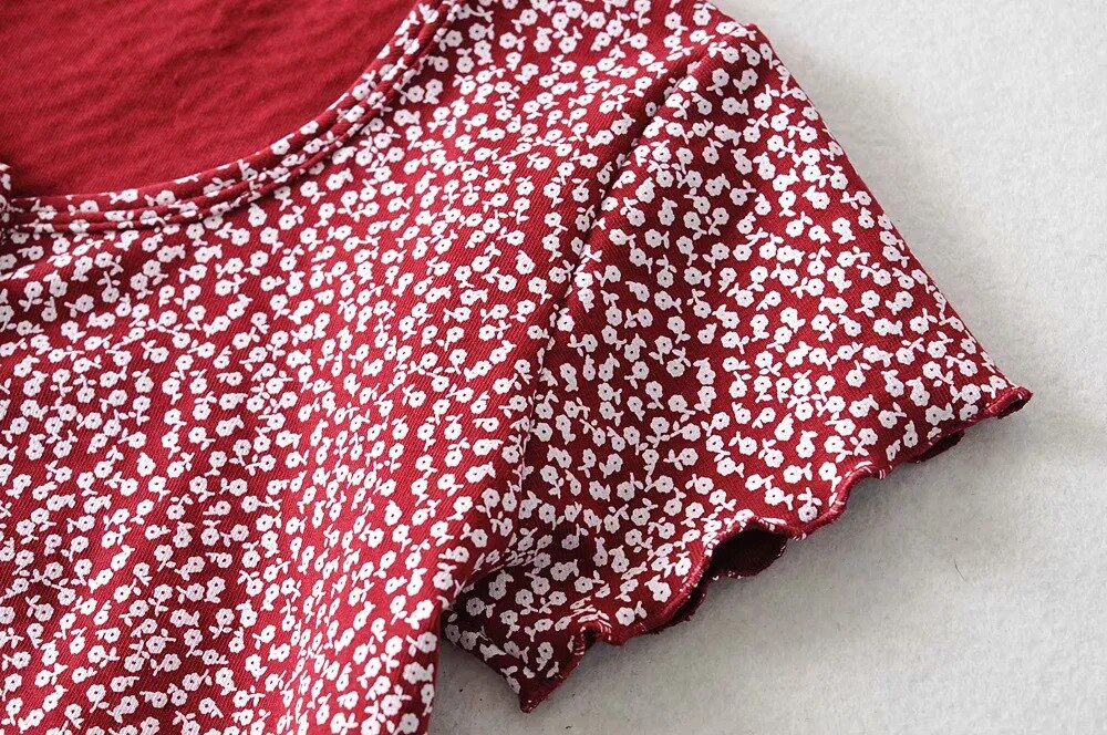 Women Scoop Neck Button down Floral Print Crop Tee Short Sleeve Floral Printed Crop Top For Women Summer Fashion | Vimost Shop.