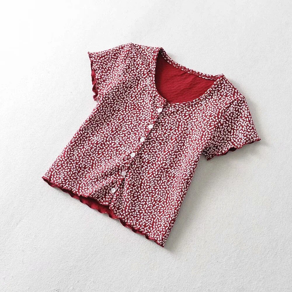 Women Scoop Neck Button down Floral Print Crop Tee Short Sleeve Floral Printed Crop Top For Women Summer Fashion | Vimost Shop.