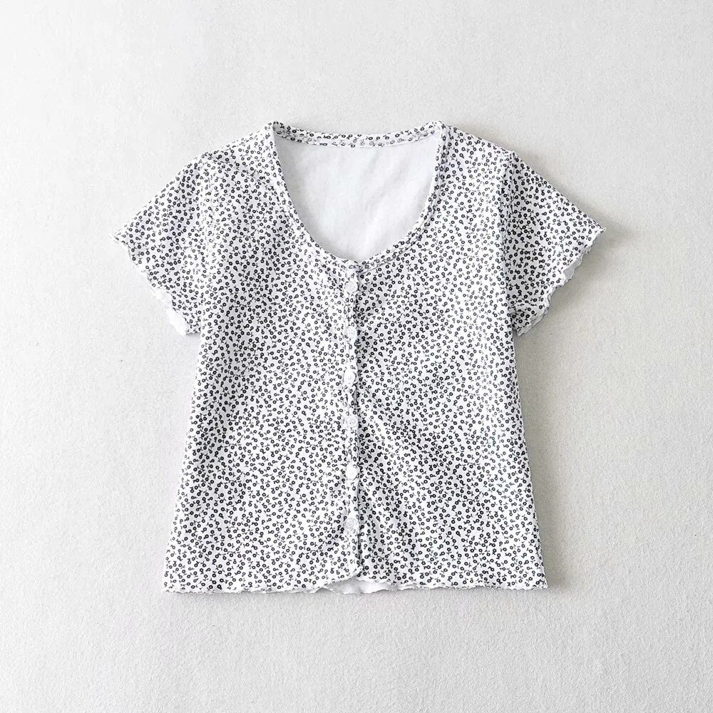 Women Scoop Neck Button down Floral Print Crop Tee Short Sleeve Floral Printed Crop Top For Women Summer Fashion | Vimost Shop.