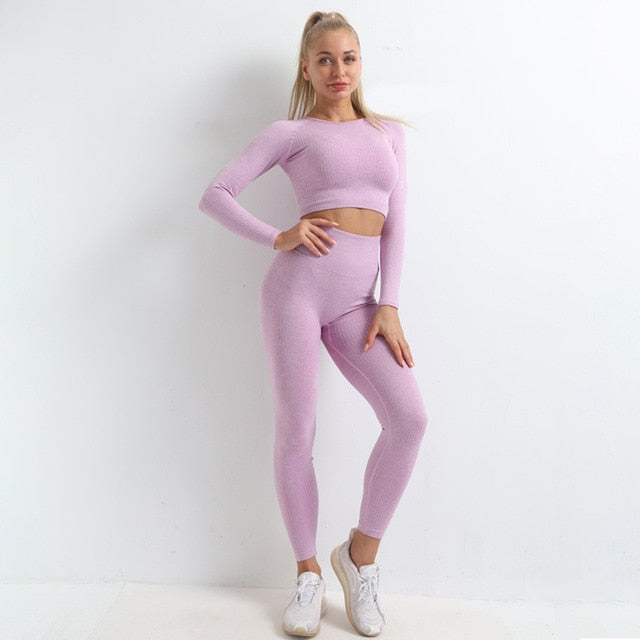 Autumn Seamless Yoga Set Women Gym Clothes Solid Long Sleeve Crop Top Leggings Tracksuit Workout Push Up Sports Fitness 2 Piece | Vimost Shop.